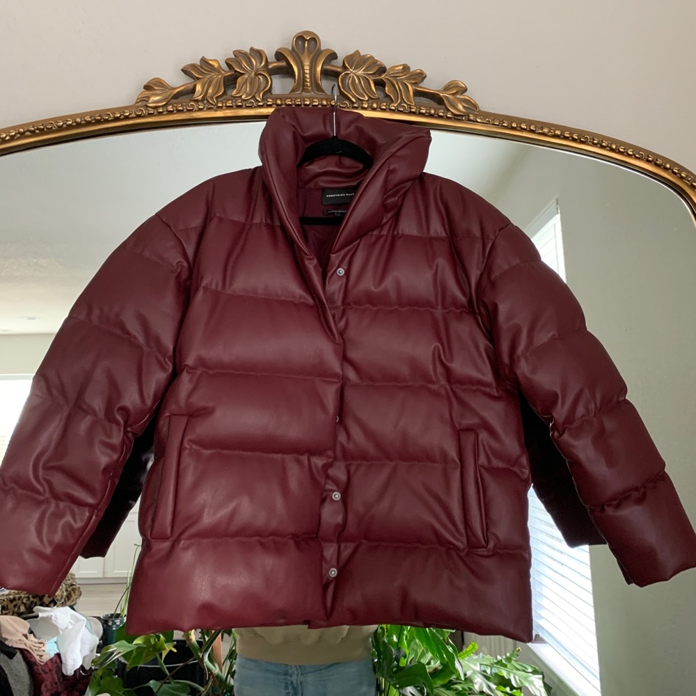 Something Navy red faux leather puffer